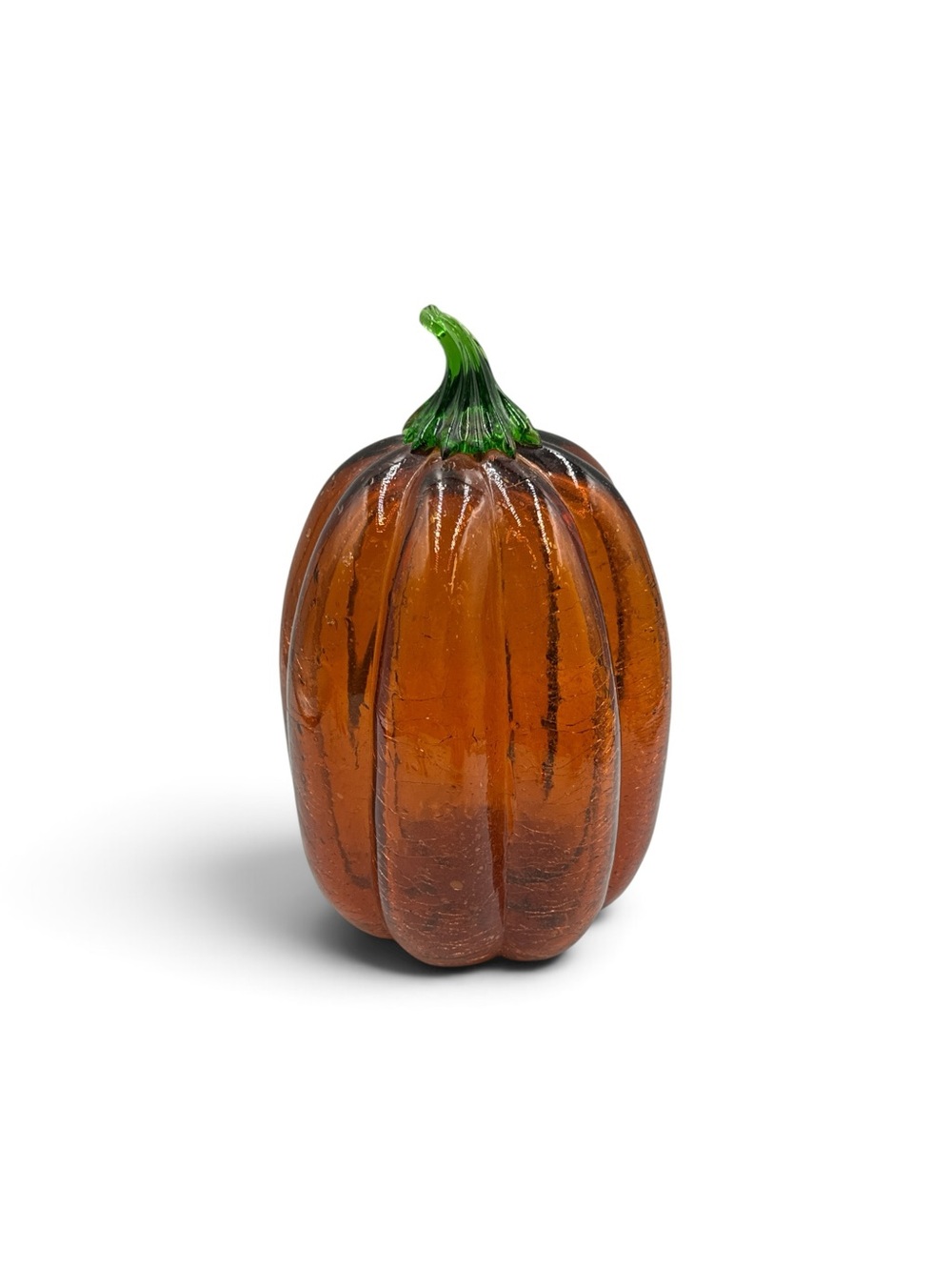 Vintage Hand Blown Amber Crackle Glass Pumpkin Green Applied Stem 10”